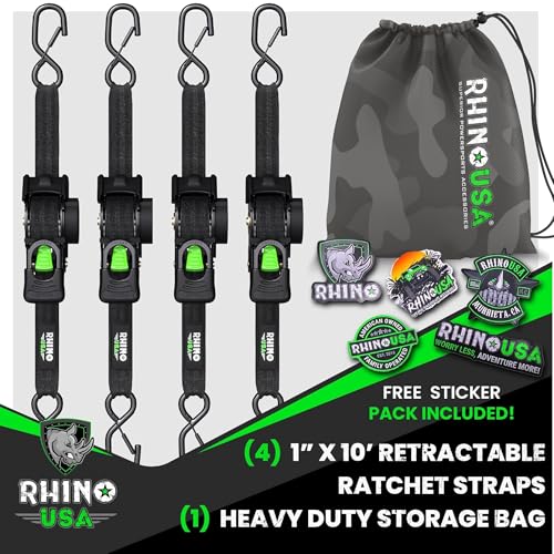 Rhino USA Retractable Ratchet Straps 4-Pack - 1in x 10ft Black, Heavy Duty