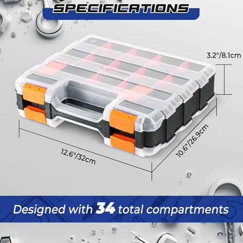 NATGAI 2 Pack Small Parts Organizers, 34-Compartments Double-Sided Tool Box with Removable Dividers for Hardware, Screws, Bolts, Nails & Fishing Accessories, Durable Plastic Storage Case (Orange)