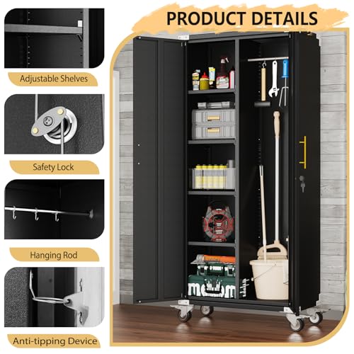 Pozdeg 71" Rolling Lockable Metal Broom Closet Cabinet, Black Gray, 15.7"D x 31.5"W x 71"H