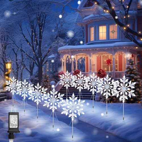 Brightown Snowflake Lights Outdoor, 10 Large Snowflake Christmas Pathway Lights, Christmas Decorations Outside Yard Sidewalk Walkway Driveway Marker Garden Lawn Stakes with LED Lights, White