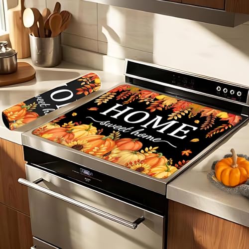 Fall Pumpkin Glass Stove Top Cover 28x20 | KAPLIPE Hello Fall Maple Leaves Black