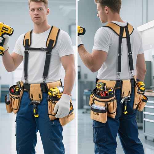 Tool Belt with Suspenders,27-Pockets Heavy Duty Tool Belts for Men with Magnetic Tool Pouch,Detachable & Adjustable Work Belt Bag for Electrician,Carpenter,Construction,Utility Toolbelt,Black,Brown