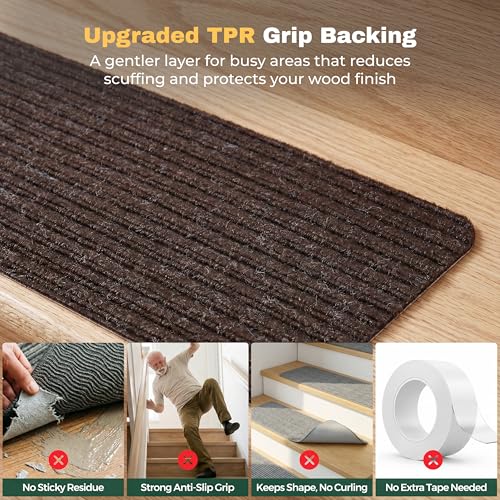 MBIGM Brown Stripe Carpet Stair Treads - 15 Pack, 8x30 Inches, Non-Slip Safety Step Covers