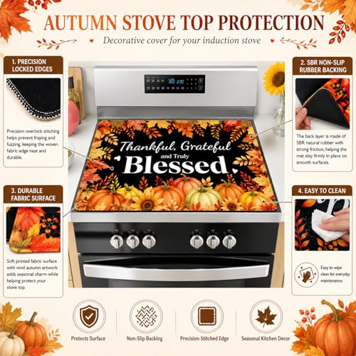 Thankful Grateful And Truly Blessed Stove Top Cover 28x20 Inch | Fall Heat-Resistant Glass & Silicone Protector