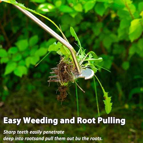 Uprooting Weeding Tool - Hand Held Weeder Puller Tool, Rubber Handle, 4 Teeth Weed Remover for Garden Farm Weeding