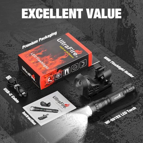 ULTRAFIRE Tactical Flashlight with Duty Belt Holster, 1000 Lumen Rechargeable Police Flashlight for Law Enforcement, 3-Mode Security LED Flashlight with Belt Holder WF-501BX