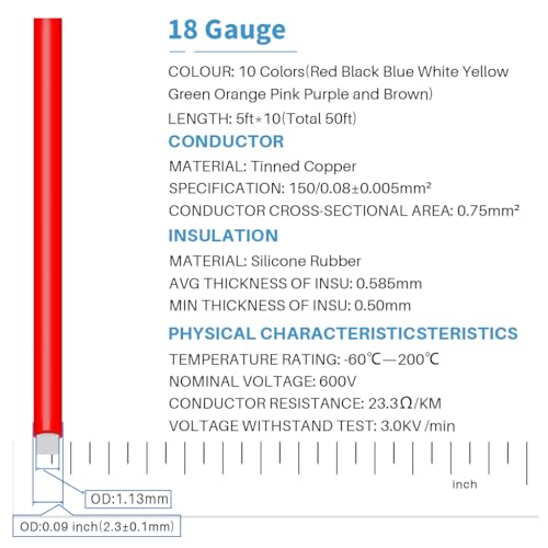 BNTECHGO 18 AWG Silicone Wire Kit 10 Colors, 5ft Each, Tinned Copper, Flexible Electrical Wire