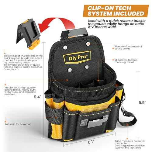 Tool Pouches, Tool Belt Pouch, Electrician Tool Pouch, Quickly Attach & Release Tool Belt Pouch with Clip, Tool Bag Multi-Pocket, Heavy Duty Utility Pouches for Carpenters & Home Improvement