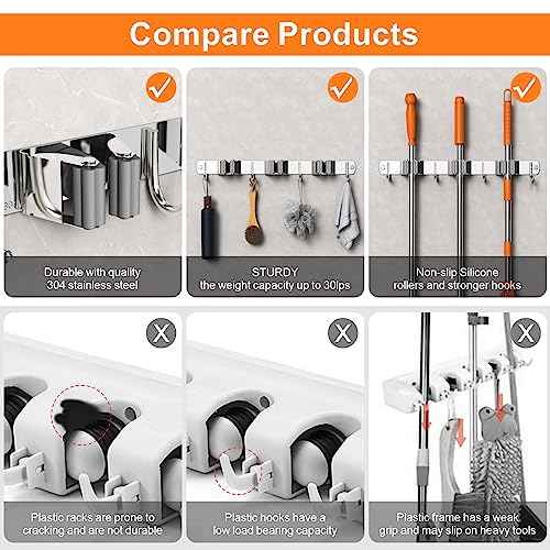 Mop and Broom Holder Wall Mount, Upgraded Broom Organizer Wall Mount, Stainless Steel Broom Hanger Wall Mount for Home Kitchen Garden Laundry Garage (3 Racks with 4 Hooks)