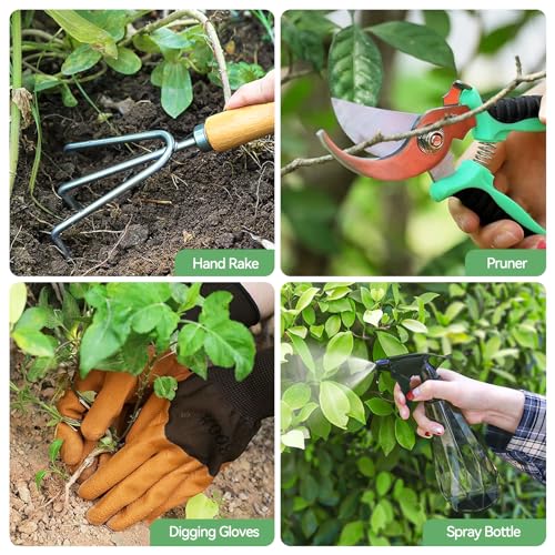 Grenebo Heavy Duty Gardening Tools Set with Green Tote Bag, Includes 8 Hand Tools for Women