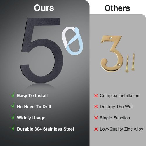 6 Inch Self-adhesive House Numbers,Stainless Steel House Number for Outside,Big Modern House Numbers, Garden Door Address Numbers for House, 911 Visibility Signage (1)