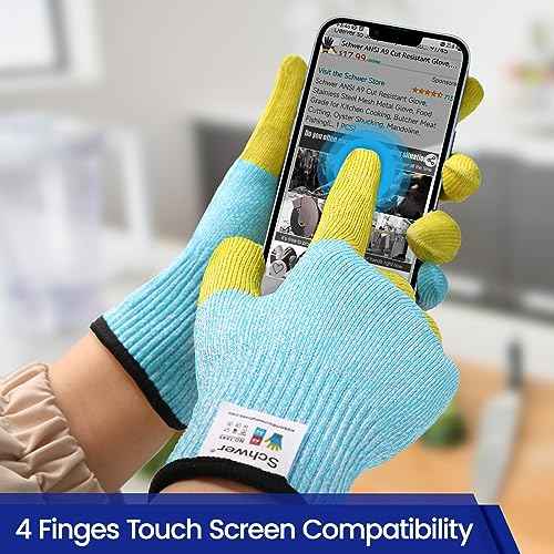 Schwer SlicePro Patented Cut Resistant Gloves AR1345 with ANSI A9 Reinforced 4 Fingers, Food Grade & Touch Screen Cutting Gloves Without Fiberglass, Suit for Kitchen Meat Cutting, L