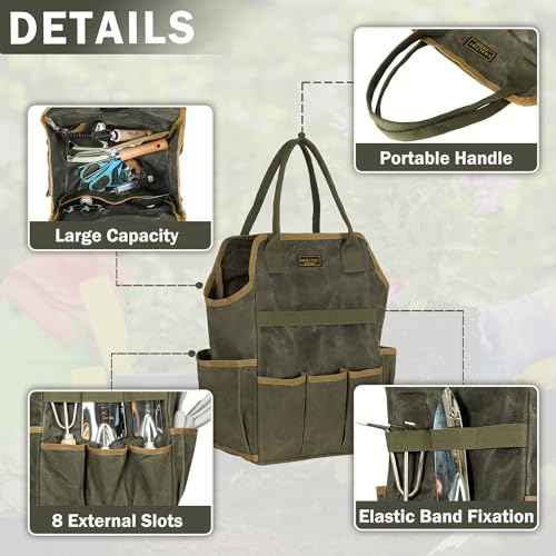 Tool Bag, Heavy Duty 16oz Waxed Canvas Garden Tool Tote - with 3 Inner Slots & 8 Outer Pockets, Multi-Purpose Gardening Tool Storage Bag for Gardener Florist Workshop - Army Green