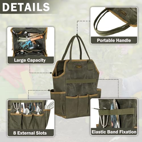 Tool Bag, Heavy Duty 16oz Waxed Canvas Garden Tool Tote - with 3 Inner Slots & 8 Outer Pockets, Multi-Purpose Gardening Tool Storage Bag for Gardener Florist Workshop - Army Green