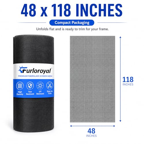 Furloroyal 48x118 Black Fiberglass Window Screen Replacement Mesh - Durable & High Visibility
