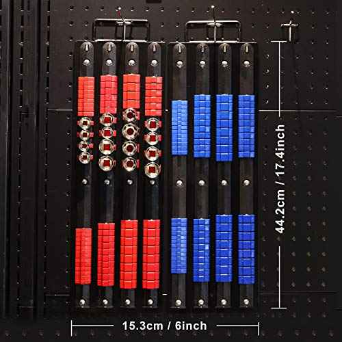 Mayouko 80-Piece Portable Socket Organizer Tray, 2 Pcs Set, Blue & Red, Tools Organizer 1/4-Inch, 3/8-Inch, 1/2-Inch, Heavy Duty Socket Holder, Black Rails, Blue & Red Clips