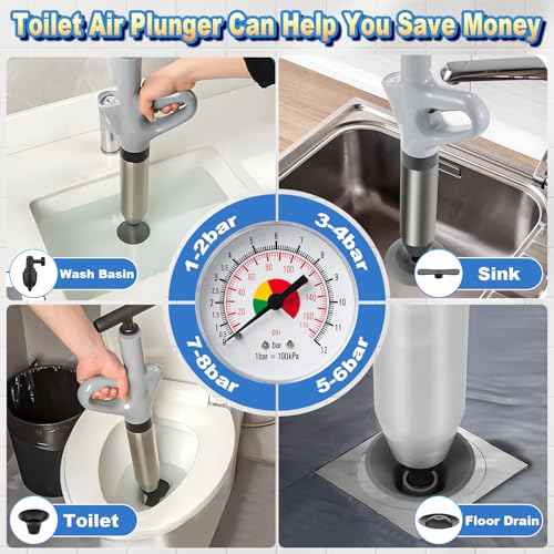 Toilet Plunger, High Pressure Toilet Plunger,Toilet Auger Air Drain Blaster with Real-Time, Heavy Duty Plunger for Bathroom and Plumbing Clogs (Grey)