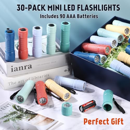 30 Pack 9 LED Small Mini Flashlight Set Plastic Handheld Flashlights with Lanyard, 3 AAA Batteries Included for Kids Night Reading Camping Emergency Hunting, 6 Color (Muted Color)