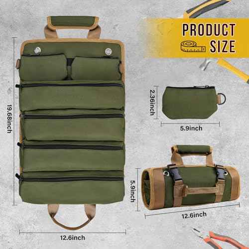 Tool Bag, Tool Bags for Men, Heavy Duty Tool Organizer, Portable Roll Up Tool Bag Gifts For Him, Mechanic, Electrician and Hobbyist, Car Tool Roll Organizer -Green
