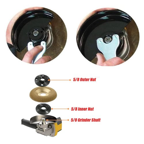 Grinder Flange Angle Wrench Metal Lock Nut Fit for DW Milwaukee Makita 193465-4 Compatible with Bosch Black & Decker Ryobi 4.5" 5" 5/8-11 (1 wrench, 3 inner nuts, 3 outer nuts)
