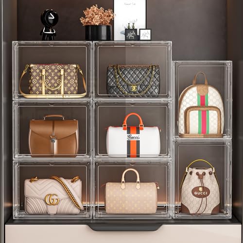 XL-5 Pack Purse Organizer for Closet - White, Stackable Handbag Storage with Magnetic Door