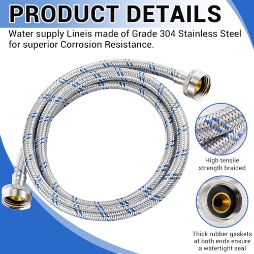 4 Ft Stainless Steel Washing Machine Hoses 2-Pack - Burst Proof Hot & Cold Water Supply, 3/4'' Standard Fit