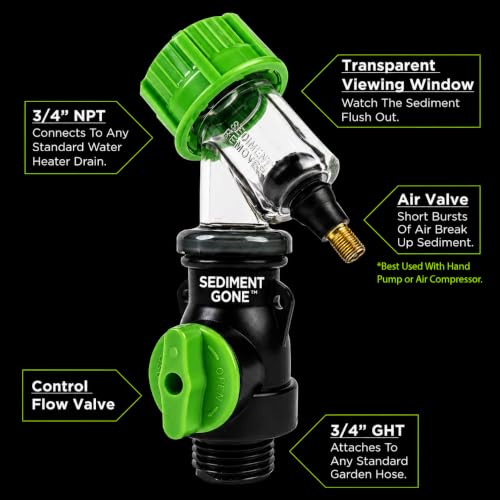 Sediment Gone Water Heater Flush Kit & Sediment Removal Tool for Tank Cleaning