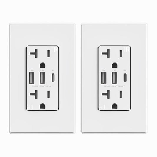 ELEGRP USB Outlets Receptacles, 3-Port Wall Outlet, 30W 6.0A Electrical Outlet, 20 Amp Tamper-Resistant Outlet with Type C Ports, UL Listed, Wall Plate Included, 2 Pack, Matte White