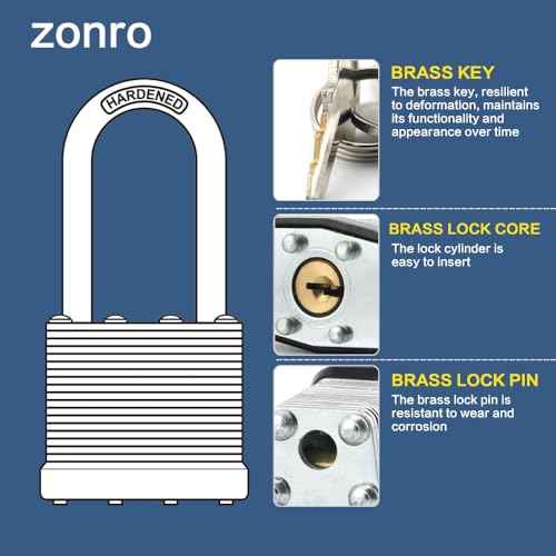ZonRo Locks Laminated Steel Keyed Padlocks,Keyed Alike Locks, 1-9/16 inch Wide,Long Shackle Padlocks, Pack of 12£¬Orange Hoop, for Hasp Latch, Sheds, Fences, Storage Locker, School, Gym