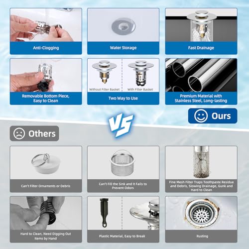 Hibbent Upgraded 3-in-1 Bathroom Sink Drain Strainer Pop Up Stopper Chrome 1