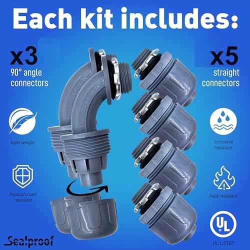 Sealproof 1/2-Inch Non-Metallic Liquid-Tight Conduit and Connector Kit, 50 Foot Made in USA Flexible Electrical Conduit Type B with 5 Straight and 3 90-Degree Conduit Connector Fittings, 0.5" Dia
