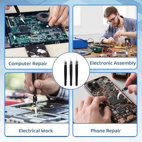 3 Pcs Precision Reverse Ceramic Tweezers Set - Non-Conductive Reverse Anti-Magnetic Solder Tweezers with Pointed & Curved Tips, Heat-Resistant Electronics Tool for Pinching Coils, PCB Repair (Black)
