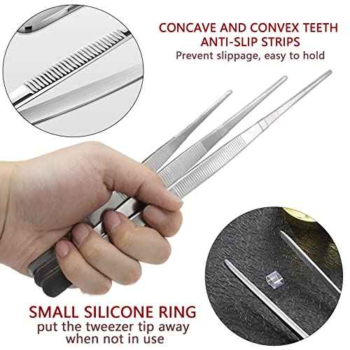 3pcs 8 10 12 Inch Stainless Steel Tweezers Tongs Kit, Extra Long Straight Tweezer, Serrated Tip Multi-Purpose Tweezers for Cooking, Crafts, Repairing, Medical, Water Plants, DIY