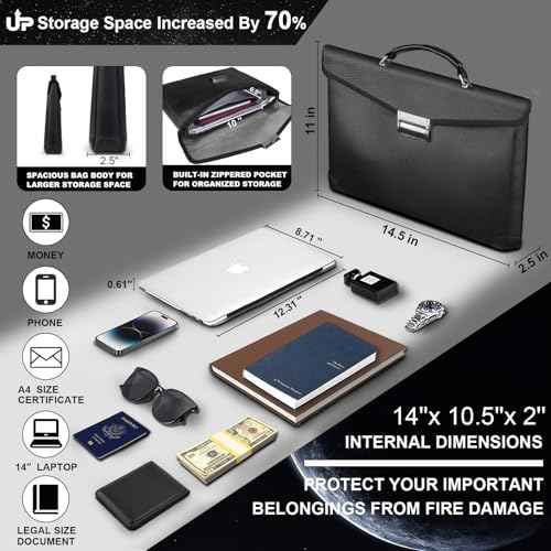 Fireproof Document Bag 14.5"X11"X2.5" Fireproof Money Bag for Cash With Lock and Zipper,Fire&Waterproof Storage Organizer Pouch for Valuables,Legal Document,Laptop,Passport,(Black)