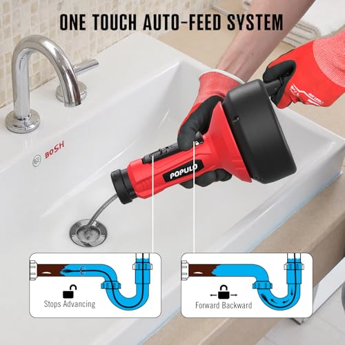 POPULO 17Ft Auto Feed Toilet Drain Snake Auger with Extension Tube - Deep Red