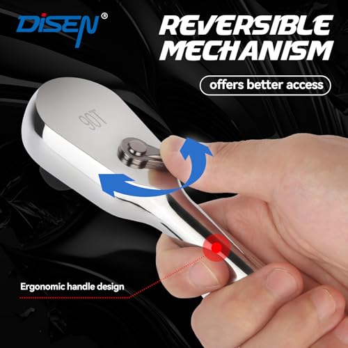 DISEN 1/4" Drive Ratchet,90-Tooth Ratchet Wrench with 7" Handle and Dust Proof Teardrop Enclosed Head, Reversible, CR-V Steel Made, CR-MO Head, Full Polished, Gifts for Men