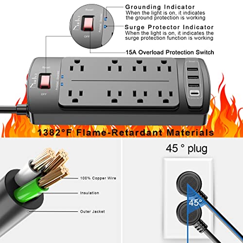 Nuetsa Black Surge Protector Power Strip with 8 Outlets & 4 USB Ports, 6ft Extension Cord