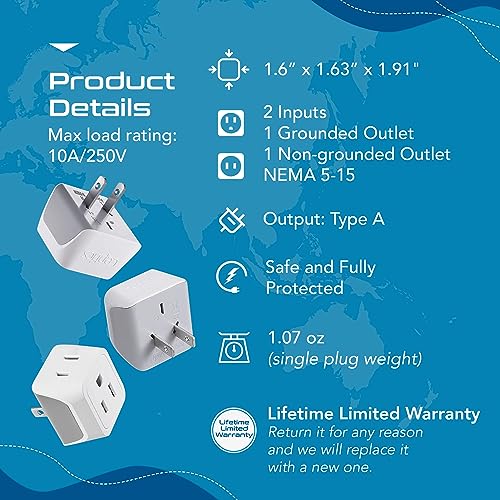 Ceptics Japan & Philippines Travel Adapter Plug - White Gray 3 Pack, US 3-Pin to 2-Prong, Compact, Dual Input