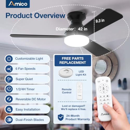 Amico 42 Inch Black Low Profile Ceiling Fan with Lights & Remote - Modern Design