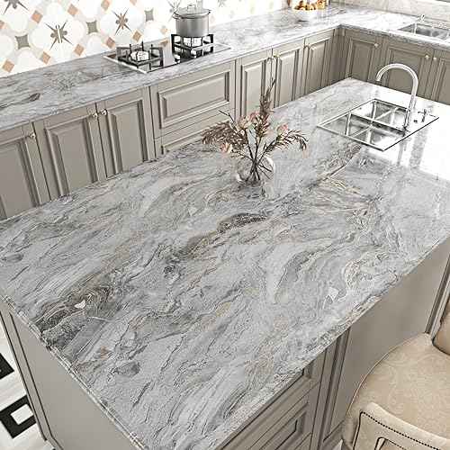 Glossy Grey/Gold Marble Contact Paper Peel and Stick Countertops Gray Peel and Stick Wallpaper for Kitchen Backsplash Faux Marble Wall Paper Self Adhesive Vinyl Granite Wallpapers for Table Cabinets
