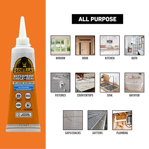 Gorilla 100% Silicone Waterproof Caulk Sealant 2-Pack, White, 2.8oz Tubes