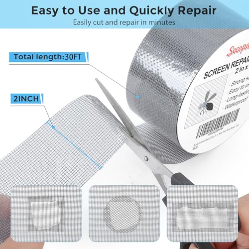 Secopad Gray Screen Repair Tape 2in x 30ft for Screen Door & Window Mesh