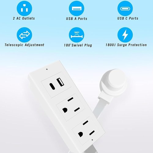 Extended and Rotating Outlet Features USB-A, USB-C, and 2 Ac Outlets, Extendable Wall Outlet Extends 22-34, 180° Swivel, Rotating Outlet for Behind Couches (1 PCS)