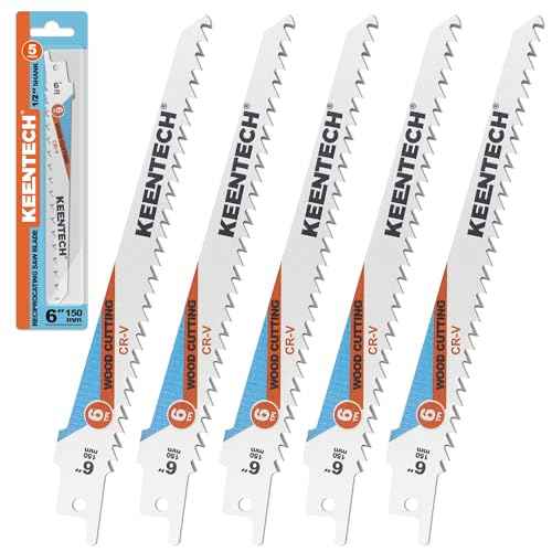 KEENTECH 6 Inch Cr-V Reciprocating Saw Blade 5-Pack for Cutting Wood, Engineered Wood, PVC Piping, Drywall, 6 TPI Fleam Ground Teeth, Compatible with Milwaukee Sawzall and Other Reciprocating Saws