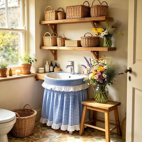 Blue Ruffle Gingham Under-Sink Curtain, 55x32in - Self-Gripping Cotton-Linen Farmhouse