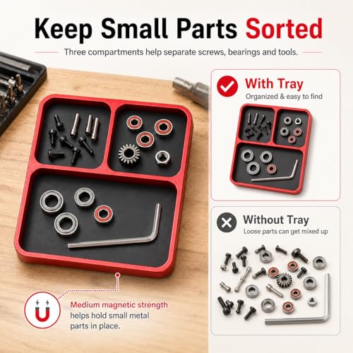 Red Magnetic Parts Tray for RC Drones & Electronics – 3 Compartments, Aluminum