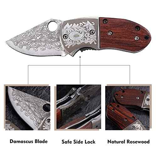 STARDW Small Folding Pocket Knife for Men Women,Damascus Pattern Folding Utility Knife,Box Cutter,Cool EDC Knife for Outdoor,Camping,Hiking,Gifts for Dad Husband Men (D)