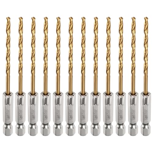 HARFINGTON 12pcs 7/64" Hex Shank Drill Bits 1/4" Titanium Drill Bits Set M35 High Speed Steel Twist Drill Bit 85mm Long Fully Ground for Wood, Stainless Steel, Metal, Plastic Plastic