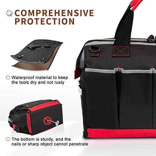 Waterproof Tool Bags for Men or Women, 16-inch Wide Mouth Tool Tote Bag with 25 Pockets for Tool Organizer & Storage, with Adjustable Shoulder Strap (16IN, Black/Red)