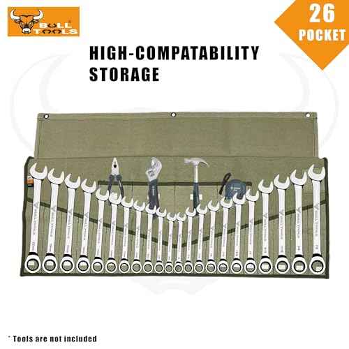 BULL TOOLS Tool Roll Organizer with 26 Pockets for Wrenches, Metric & SAE Durable Cotton Canvas, Roll-Up Tool Pouch for Mechanics, DIYers, & Electricians - Sand Washed Olive Drab (Tools Not Included)